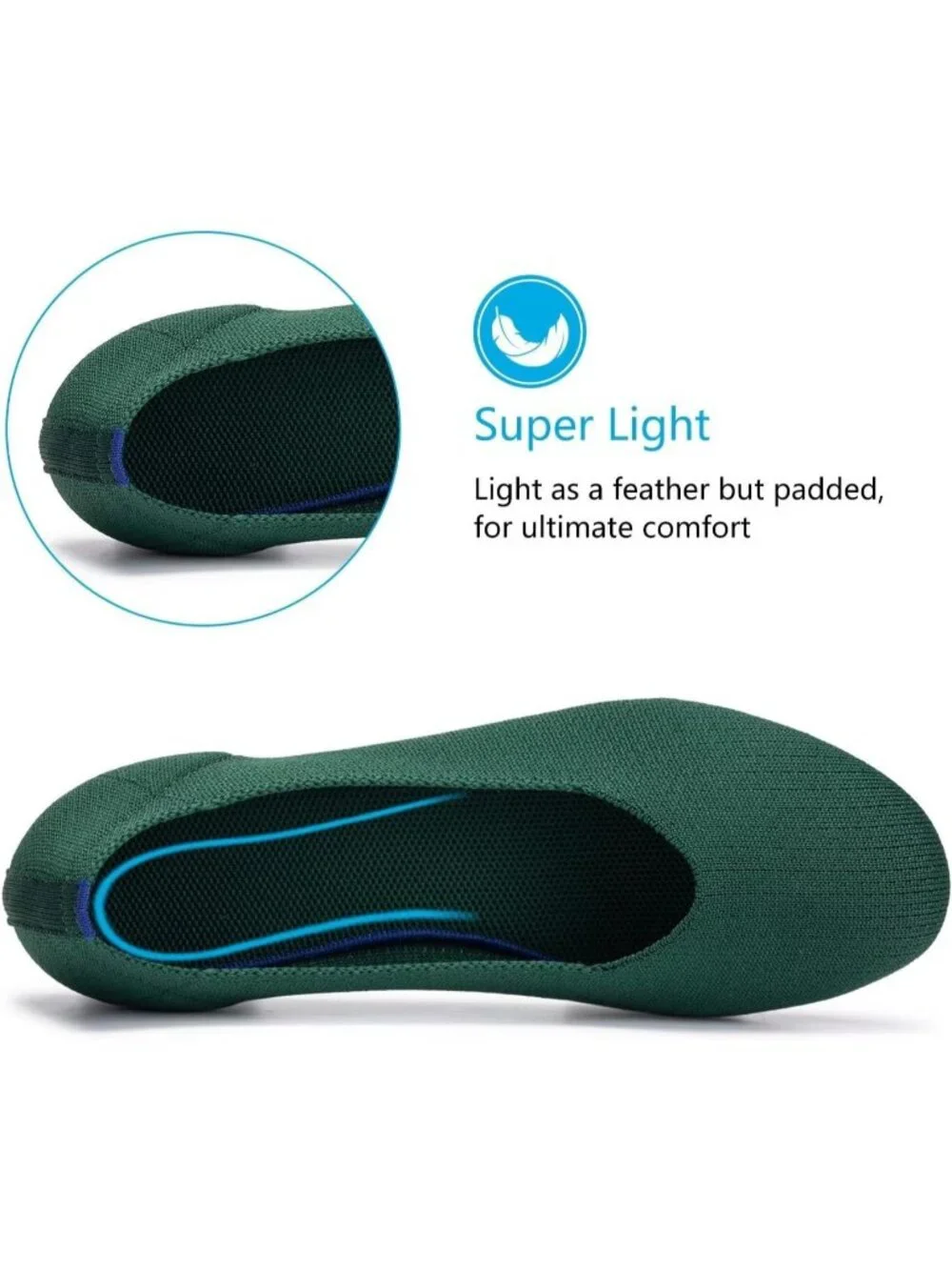 Women's Green Round Toe Knit Dress Low Wedge Slip On Ballerina Ballet Flat Shoes